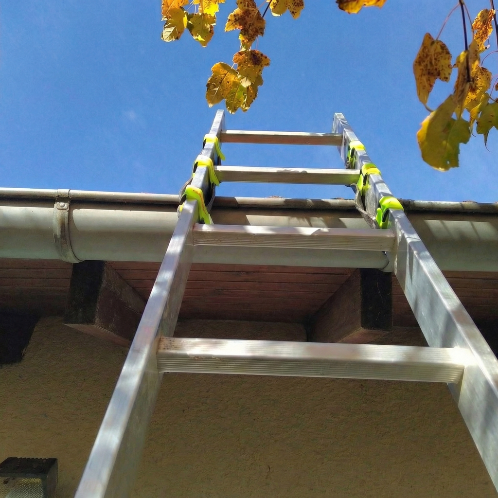 Leiterfix® Extra Long Leiterkopf-Rutschfixierung – Leiterfixierung als 2er-Set im Einsatz, schwarze Antirutschmatten zur Leitersicherung mit Klettverschluss, 400 x 100 mm, Made in Germany