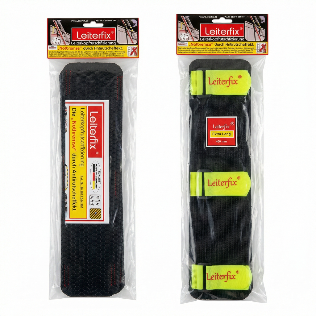 Leiterfix® Extra Long Leiterkopf-Rutschfixierung – Leiterfixierung als 2er-Set, schwarze Antirutschmatten zur Leitersicherung mit Klettverschluss, 400 x 100 mm, Made in Germany