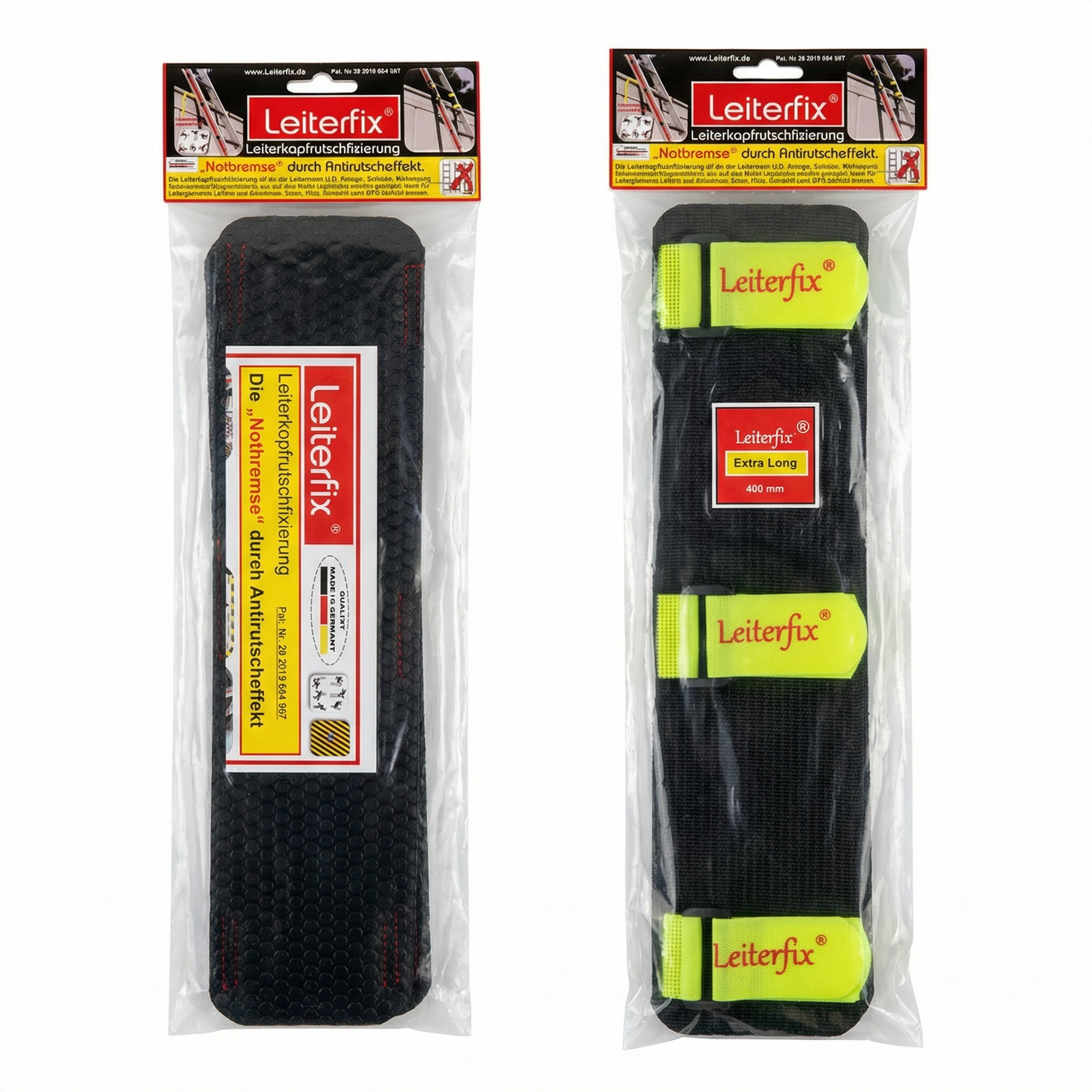 Leiterfix® Extra Long Leiterkopf-Rutschfixierung – Leiterfixierung als 2er-Set, schwarze Antirutschmatten zur Leitersicherung mit Klettverschluss, 400 x 100 mm, Made in Germany