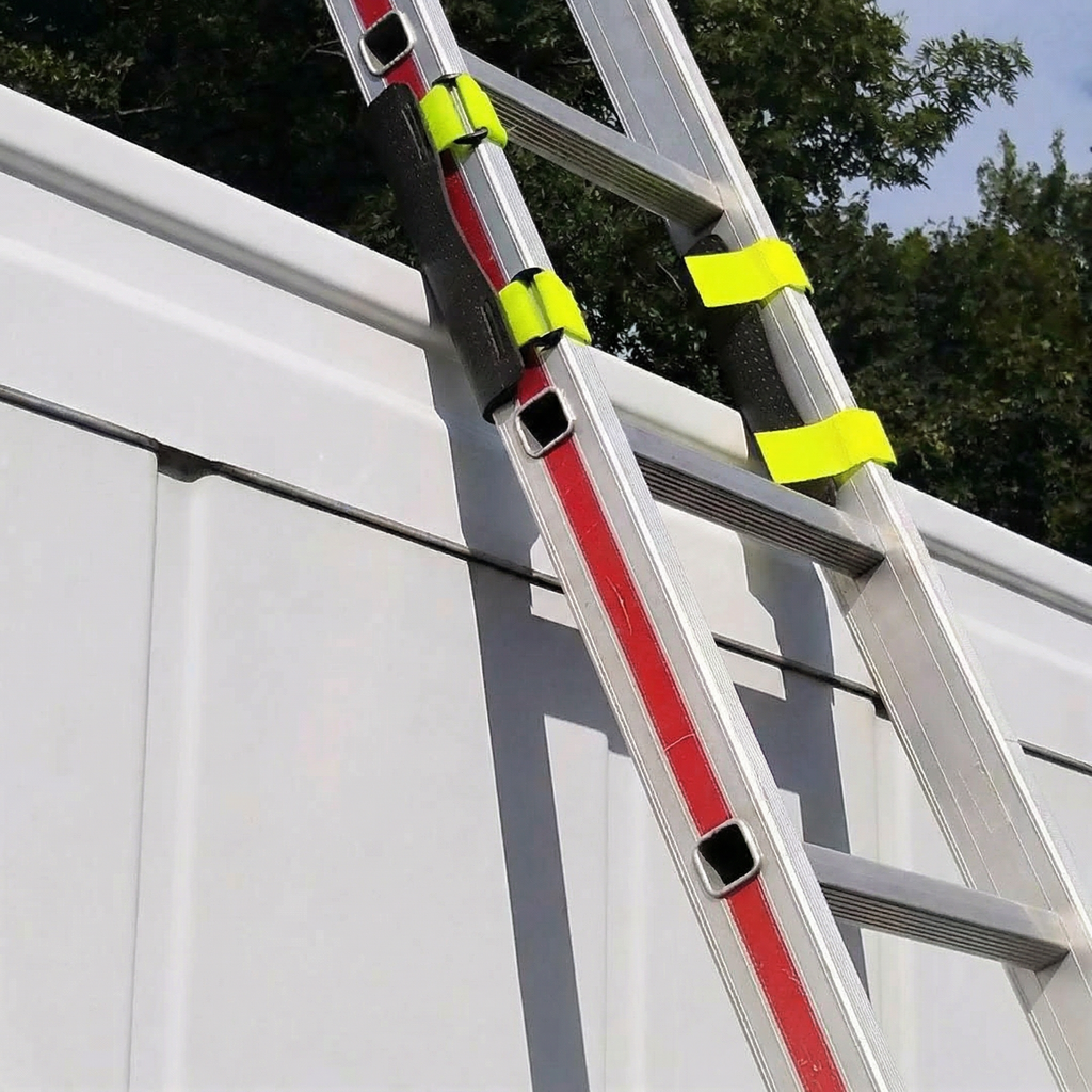 Leiterfix® Standard Leiterkopf-Rutschfixierung im Einsatz – Leiterfixierung als 2er-Set, schwarze Antirutschmatten zur Leitersicherung mit Klettverschluss, 220 x 100 mm, Made in Germany