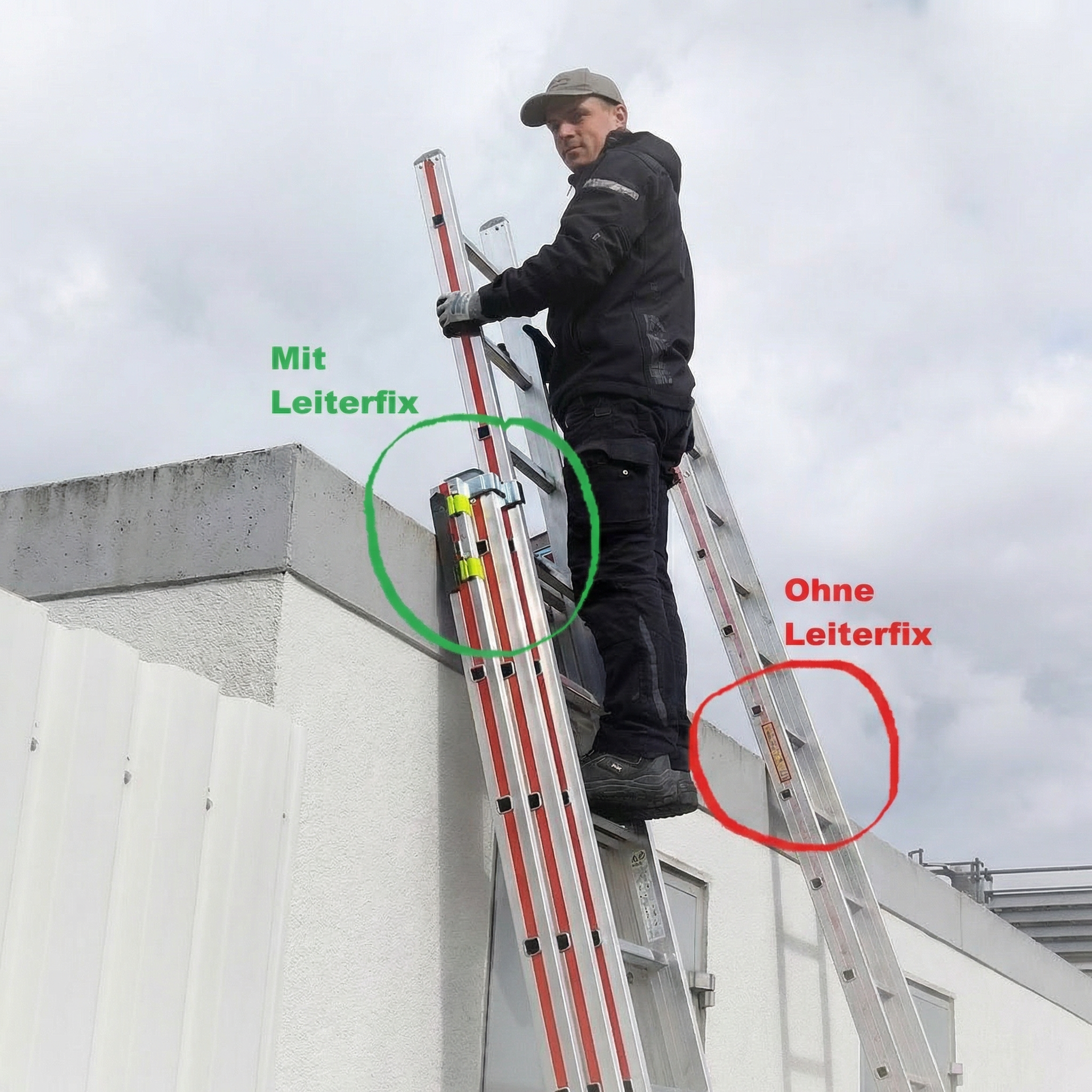 Leiterfix® Standard Leiterkopf-Rutschfixierung – Leiterfixierung im Einsatz, schwarze Antirutschmatten zur Leitersicherung mit Klettverschluss, 220 x 100 mm, Made in Germany