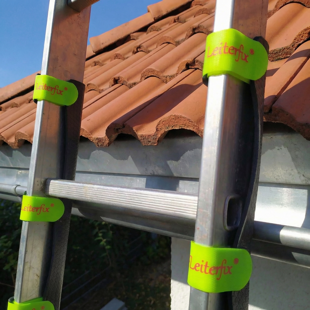 Leiterfix® Extra Long Leiterkopf-Rutschfixierung – Leiterfixierung als 2er-Set im Einsatz, schwarze Antirutschmatten zur Leitersicherung mit Klettverschluss, 400 x 100 mm, Made in Germany